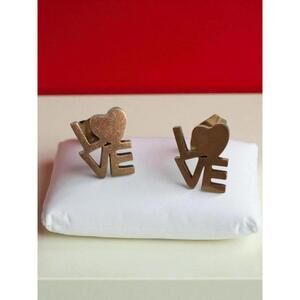 Vintage Stainless Steel Gold Tone LOVE Earrings – 80s Retro Word Studs